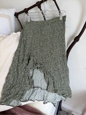 Shasa Olive Green Mini Dot High-Low Ruffle Skirt